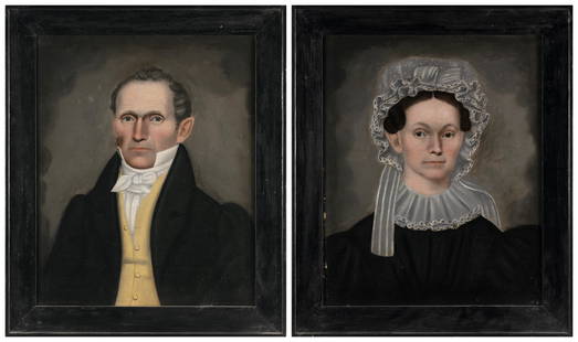 ERASTUS SALISBURY FIELD (Massachusetts/New York, 1805-1900), Pair of half-length portraits, Oils on: ERASTUS SALISBURY FIELDMassachusetts/New York, 1805-1900Pair of half-length portraits, a gentleman in a black coat and yellow vest and a woman in a lace bonnet.Unsigned but accompanied by letter from