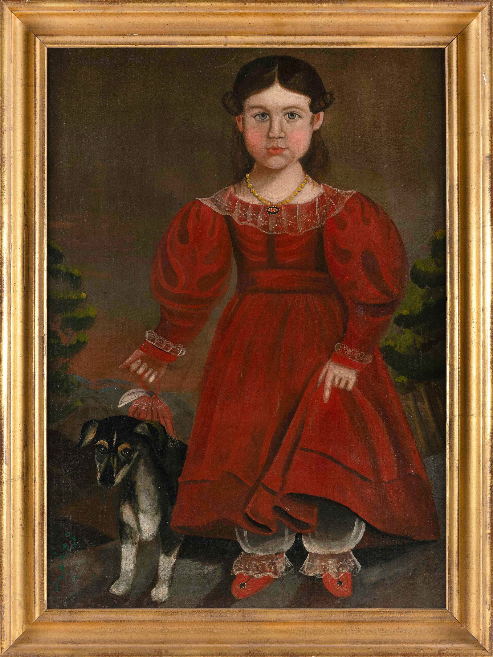 AMERICAN SCHOOL (19th Century,), Portrait of a girl in a red dress and her dog., Oil on canvas,: AMERICAN SCHOOL 19th Century Portrait of a girl in a red dress and her dog. Unsigned. Oil on canvas, 35.25" x 25". Framed 41" x 29".