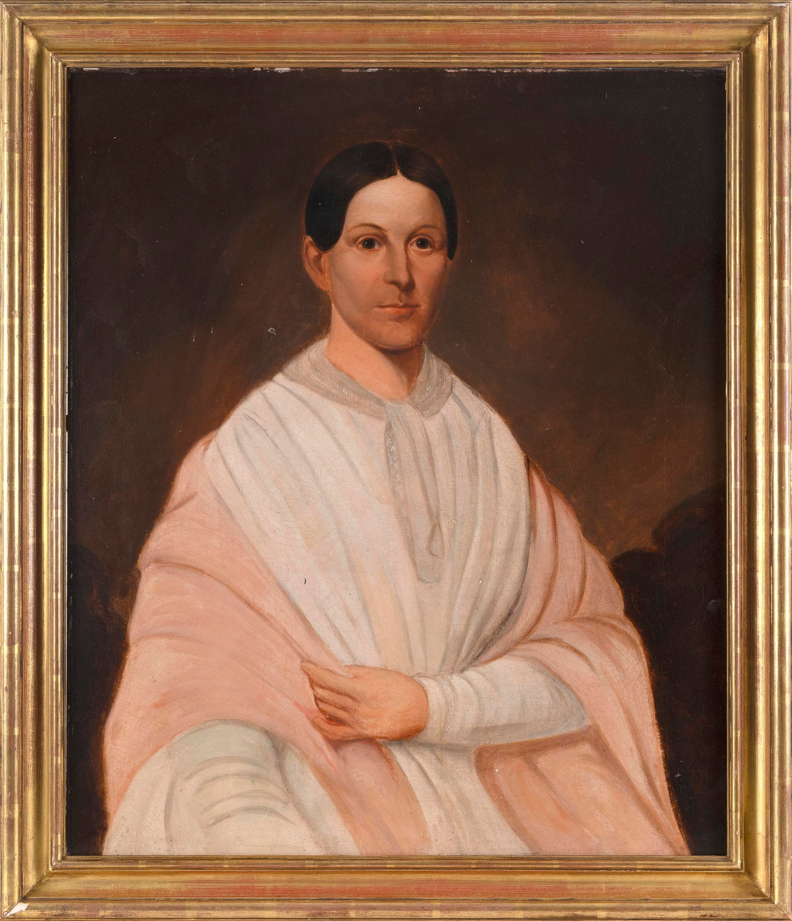 AMERICAN SCHOOL (19th Century,), Portrait of a lady in a pink shawl., Oil on canvas, 30" x 25".: AMERICAN SCHOOL 19th Century Portrait of a lady in a pink shawl. Unsigned. Oil on canvas, 30" x 25". Framed 34.5" x 29".