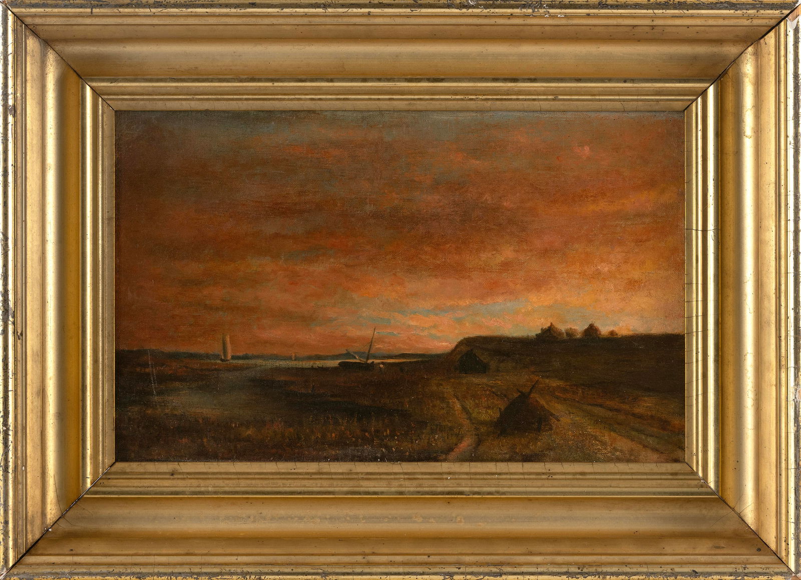 AMERICAN SCHOOL (19th Century,), Sunset over a salt marsh., Oil on canvas, 10" x 16". Framed 16" x (1 of 2)