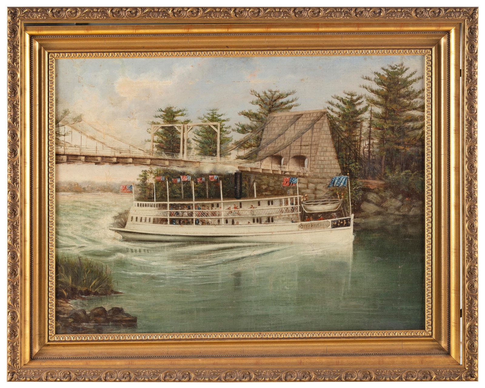 NEW ENGLAND SCHOOL (19th Century,), Steamer City Of Haverhill going under the Chain Bridge,: NEW ENGLAND SCHOOL 19th Century Steamer City Of Haverhill going under the Chain Bridge, Newburyport. Oil on canvas, 18" x 24". Framed 24" x 30".