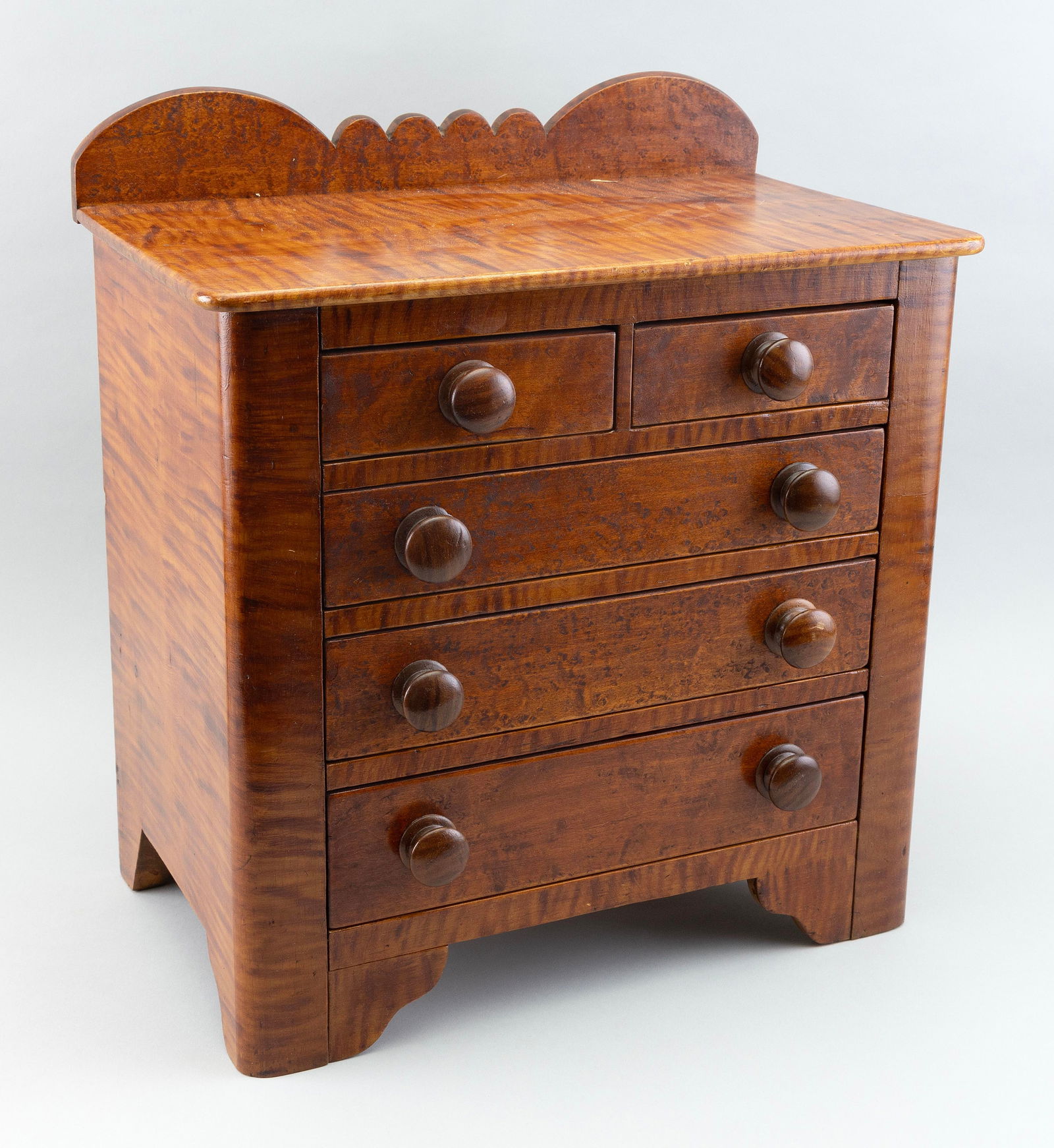 DIMINUTIVE FIVE-DRAWER CHEST, POSSIBLY A SALESMAN’S SAMPLE America, 19th Century Height 18.5". (1 of 3)