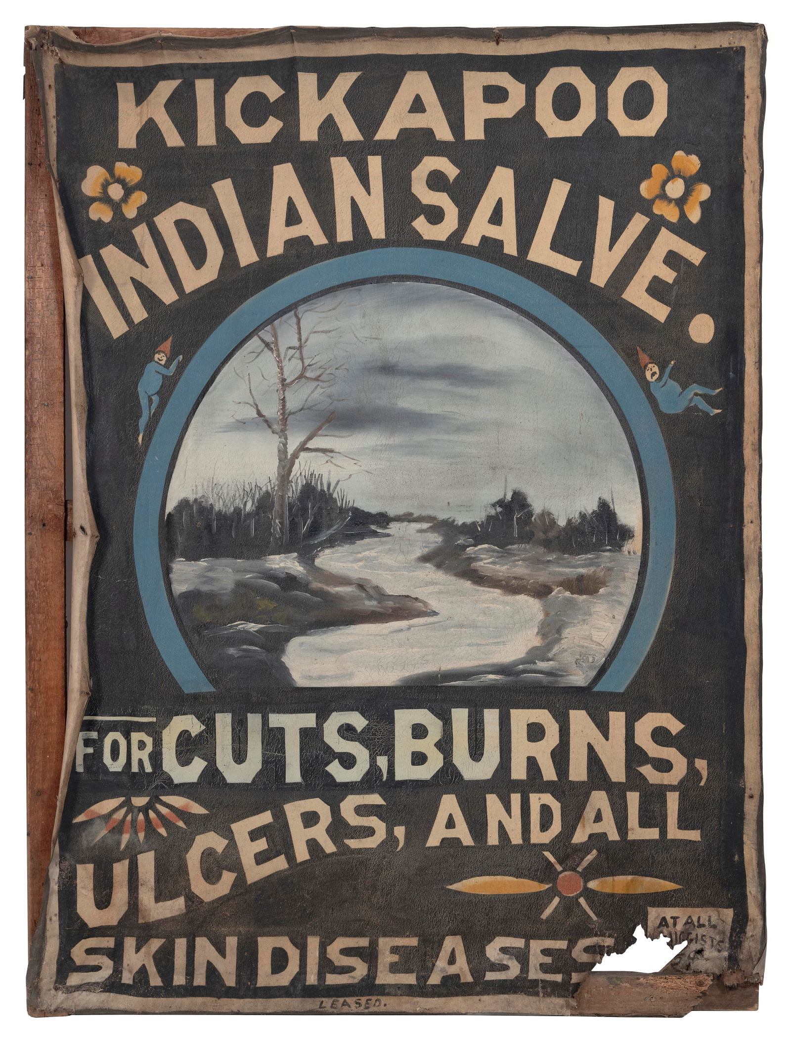 KICKAPOO INDIAN SALVE. PAINTED CANVAS TRADE SIGN 19th Century 72" x 53.5". (1 of 1)