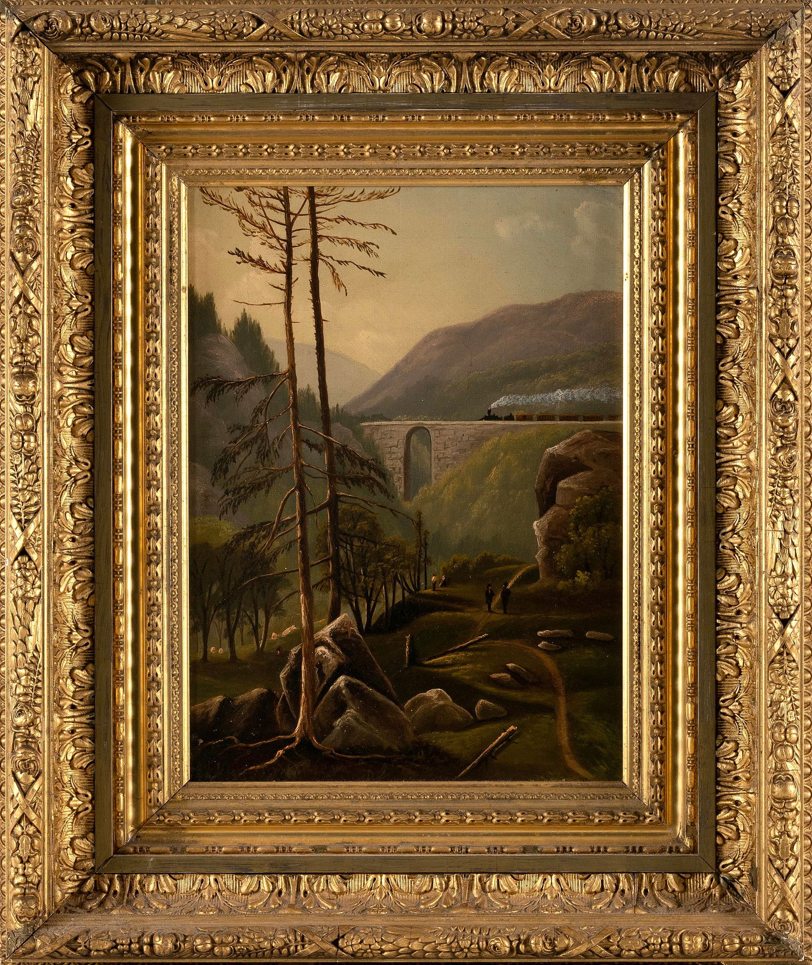 AMERICAN SCHOOL (19th Century,), Landscape with a train crossing a bridge and figures in the (1 of 5)