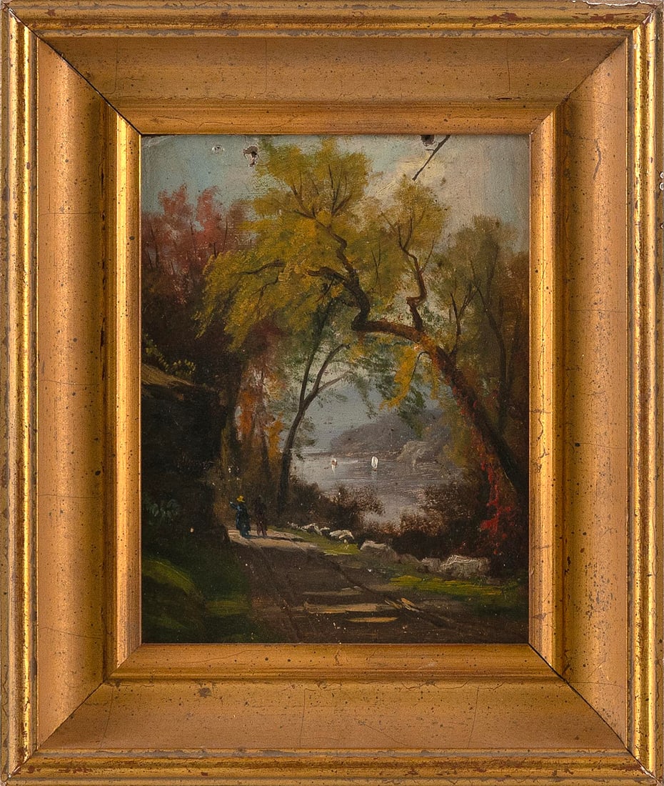 HUDSON RIVER SCHOOL (19th Century,), Figures on a woodland path., Oil on board, 7" x 5.75". Framed (1 of 2)