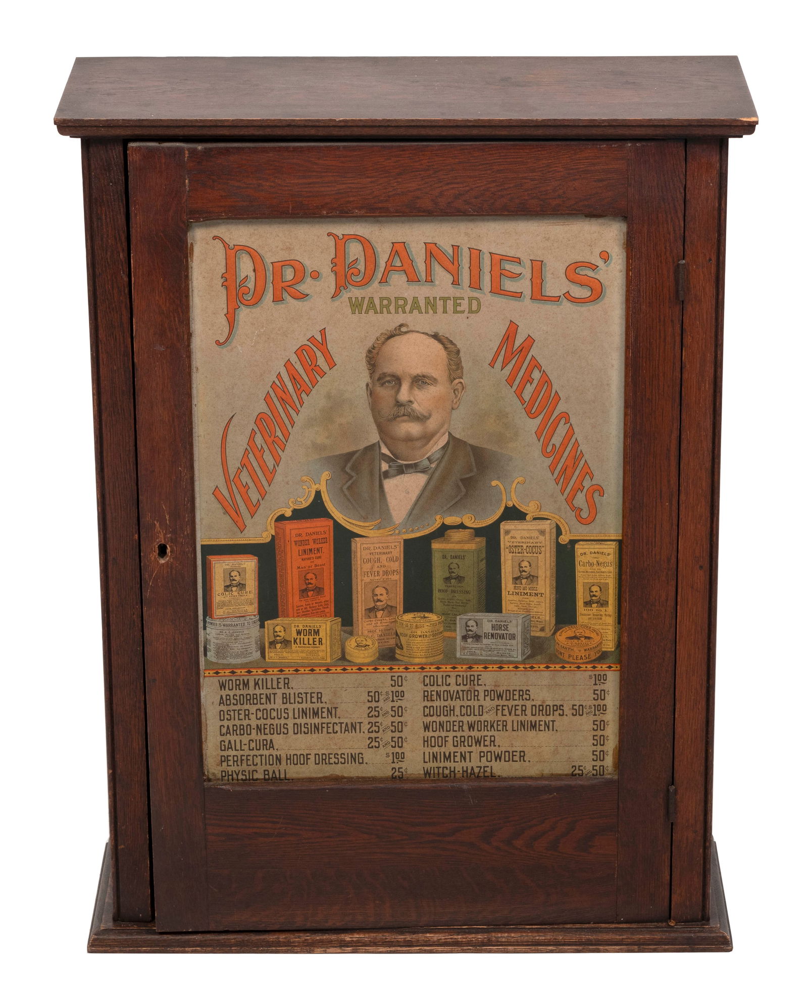 DR. DANIEL’S WARRANTED VETERINARY MEDICINES CABINET Circa 1920 Height 28.5". Width 21.5". (1 of 2)