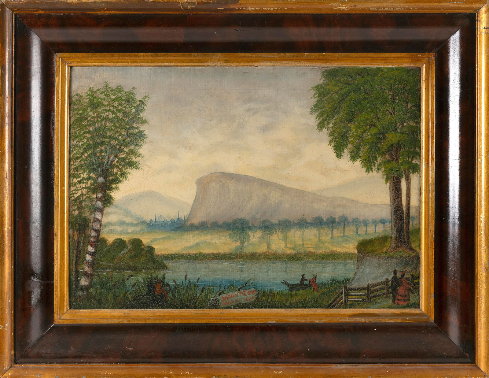 AMERICAN SCHOOL , "Mt. Tom, Holyoke, Mass.", a primitive landscape of Mount Tom, a distant town, (1 of 2)