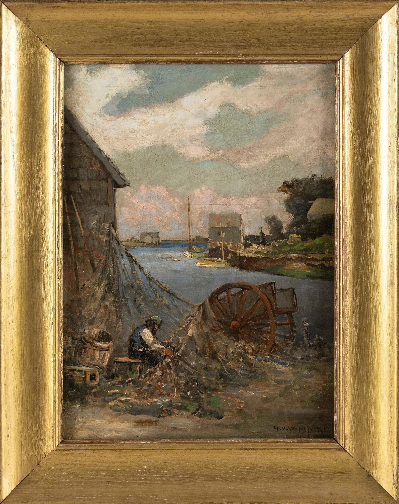 GEORGE WILLIAM WHITAKER (Rhode Island/New York/Massachusetts, 1841-1916), Harbor scene with a: GEORGE WILLIAM WHITAKERRhode Island/New York/Massachusetts, 1841-1916Harbor scene with a fisherman mending his net. Signed lower right "G.W. Whitaker".Oil on artist board, 15" x 11". Framed 19.5" x 15