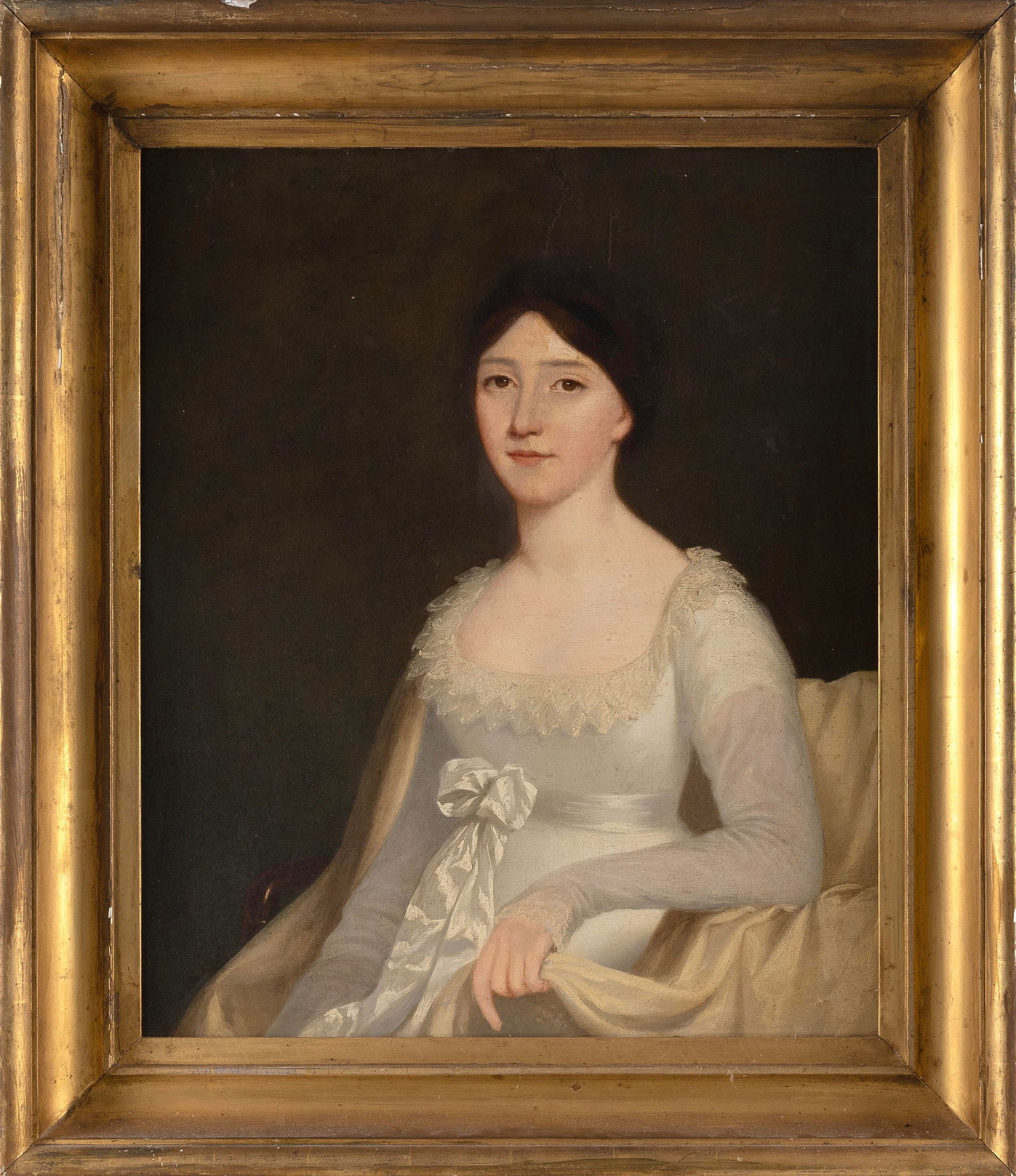 AMERICAN SCHOOL (19th Century,), Portrait of a young woman in a white dress., Oil on canvas, 29.5" x (1 of 2)