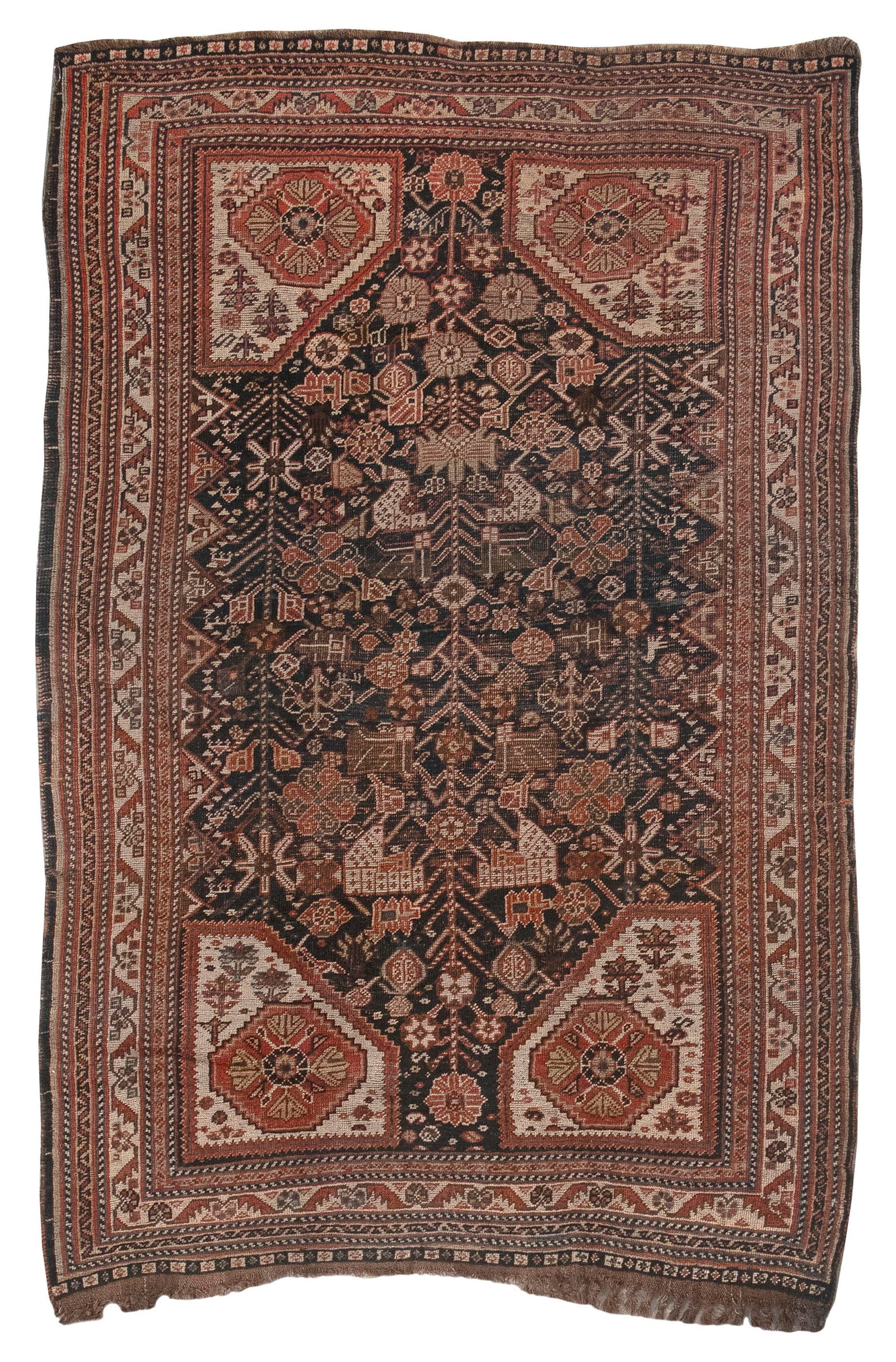 SOUTH PERSIAN RUG: 4’1" X 6’7" Early 20th Century: SOUTH PERSIAN RUG: 4’1" X 6’7" Early 20th Century Navy blue field is densely populated with three red, green, ivory, gold and brown linear flowering branches. Spandrels formed by large ivo