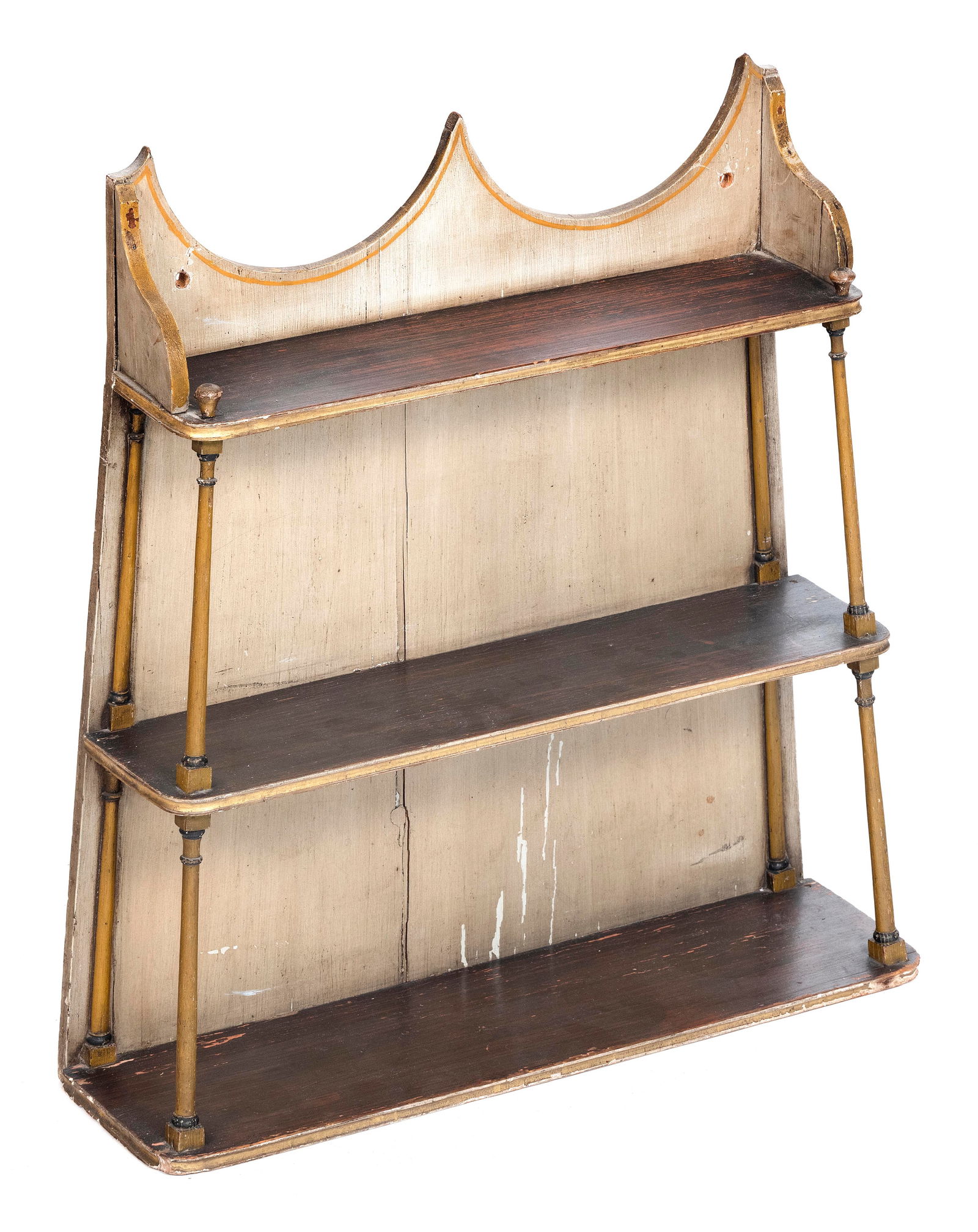 CHARMING THREE-TIER HANGING SHELF America, 19th Century Height 25". Width 23.25". Depth 6.5". (1 of 2)