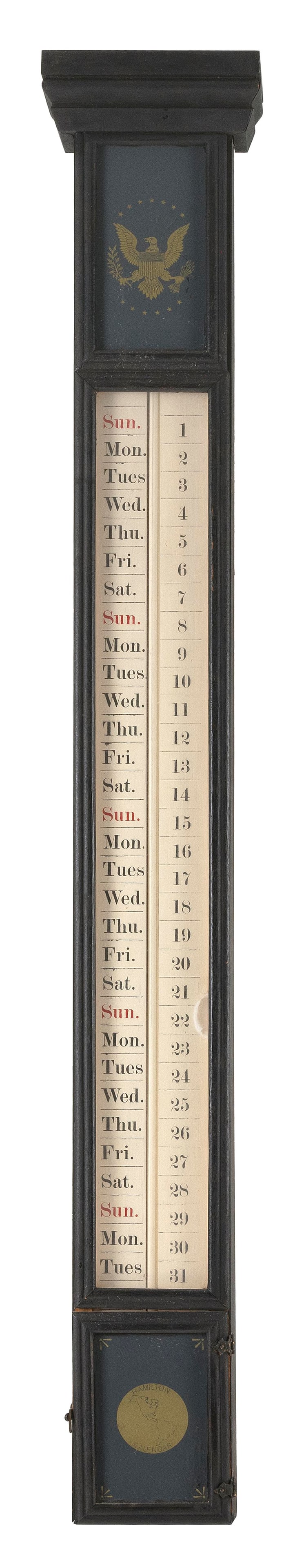 HAMILTON PERPETUAL WALL CALENDAR Manchester, Connecticut, 19th Century Height 38.75". Width 5.75". (1 of 2)