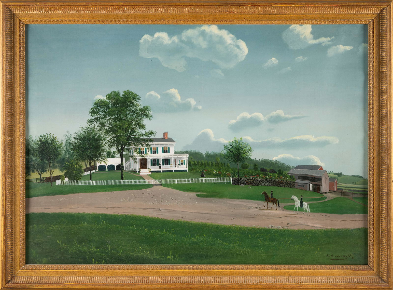 AMERICAN SCHOOL (Circa 1887,), Farmstead with a two-story home, picket fence, barn and two figures (1 of 2)