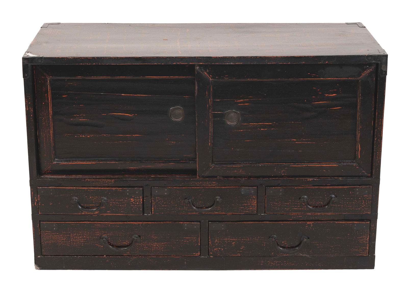 JAPANESE DARK LACQUERED WOOD LOW TANSU Early 20th Century Height 23". Width 35". Depth 14.5". (1 of 1)