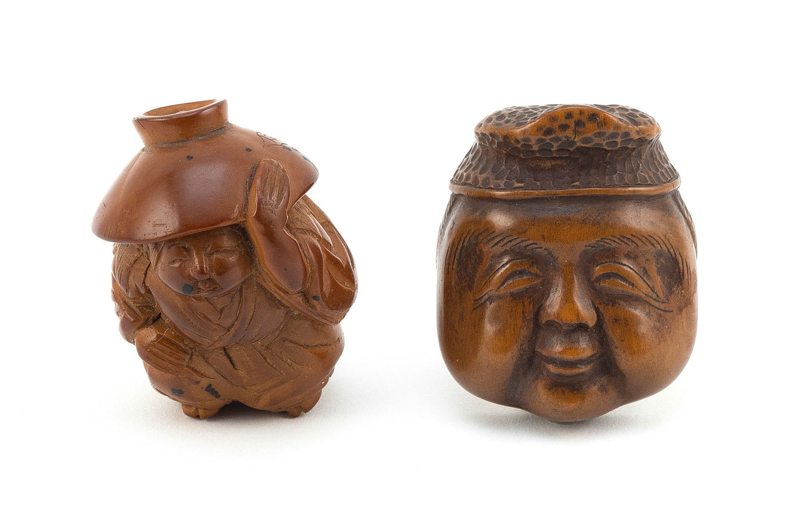 TWO JAPANESE CARVED WOOD NETSUKE Meiji Period Heights 2". (1 of 3)
