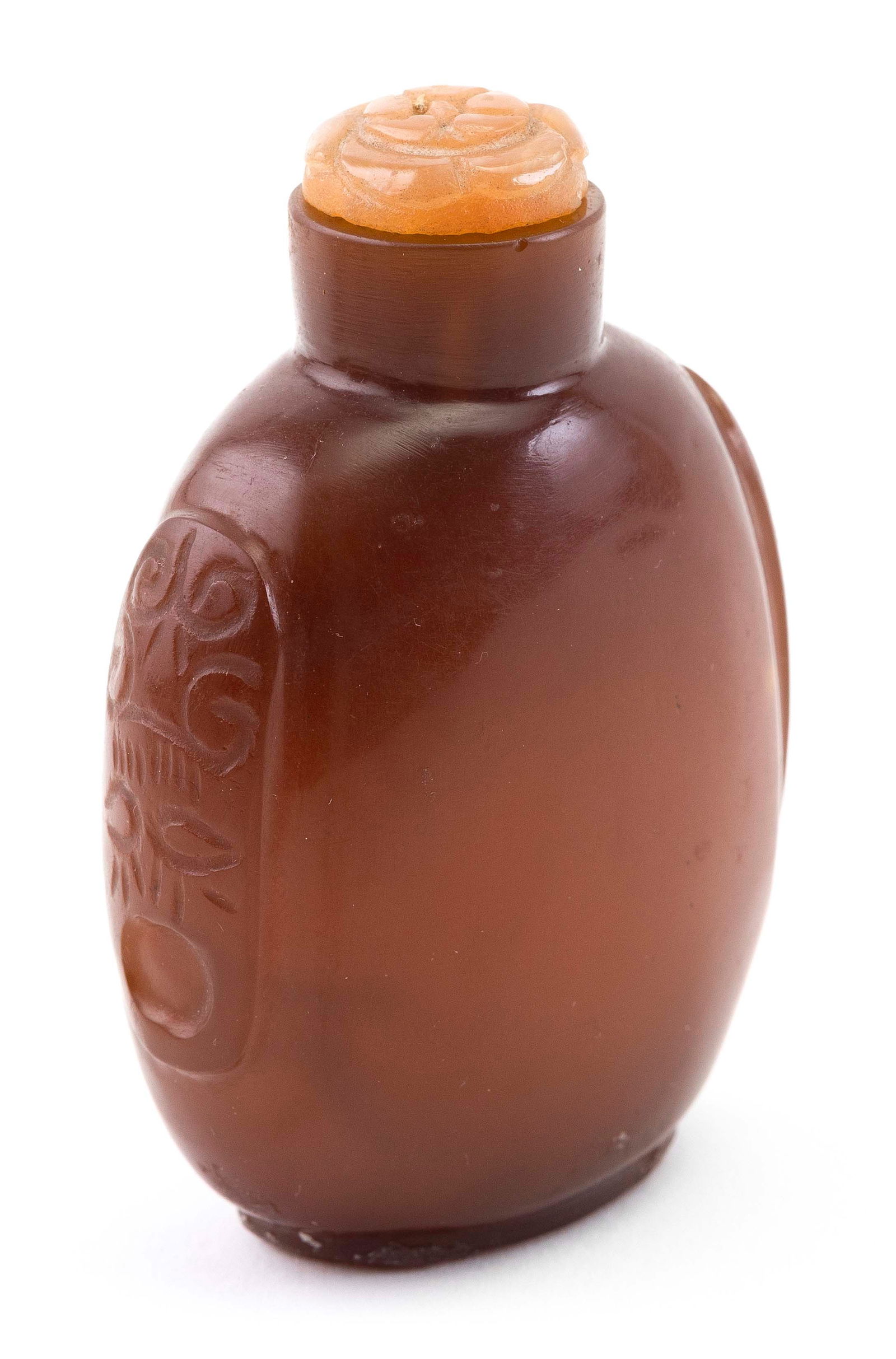CHINESE AMBER GLASS SNUFF BOTTLE Late 19th/Early 20th Century Height 2.5". (1 of 4)