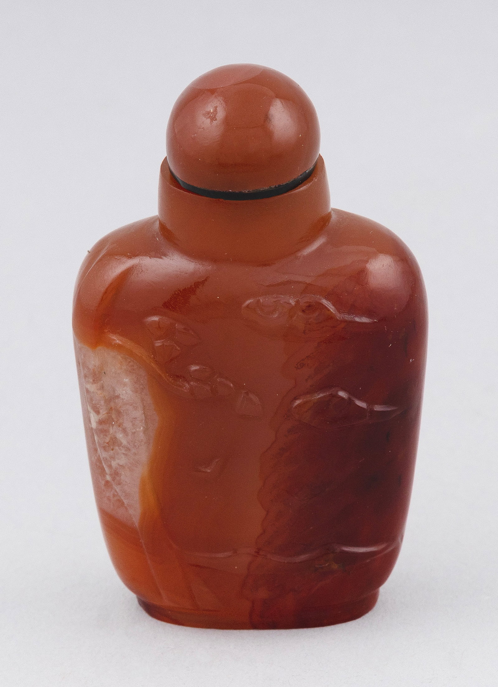 CHINESE CARVED AGATE SNUFF BOTTLE Late 19th/Early 20th Century Height 2.5".: CHINESE CARVED AGATE SNUFF BOTTLE Late 19th/Early 20th Century Landscape decoration on one face and calligraphy on the other. Agate stopper. Height 2.5". Provenance: A Private California Collection.