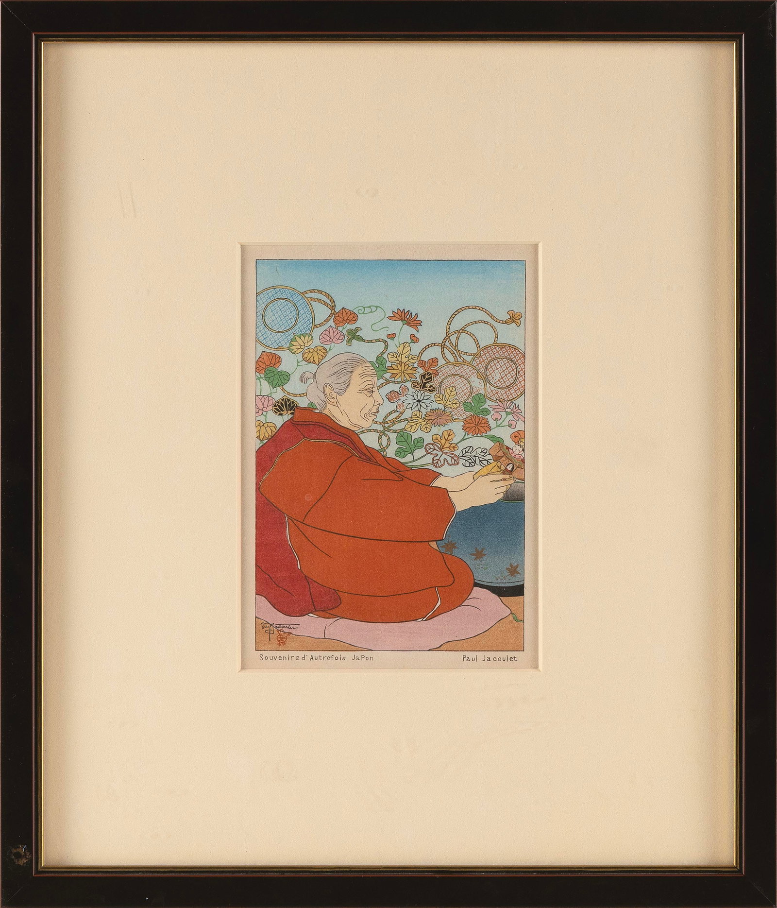 PAUL JACOULET (France/Japan, 1902-1960), Souvenirs díAutrefois, Japon., Surimono, 6" x 4.5": PAUL JACOULET France/Japan, 1902-1960 Souvenirs díAutrefois, Japon. Signed in pencil above Sparrow seal. Printed title and signature in margin. Surimono, 6" x 4.5" sight. Framed 13" x 11".