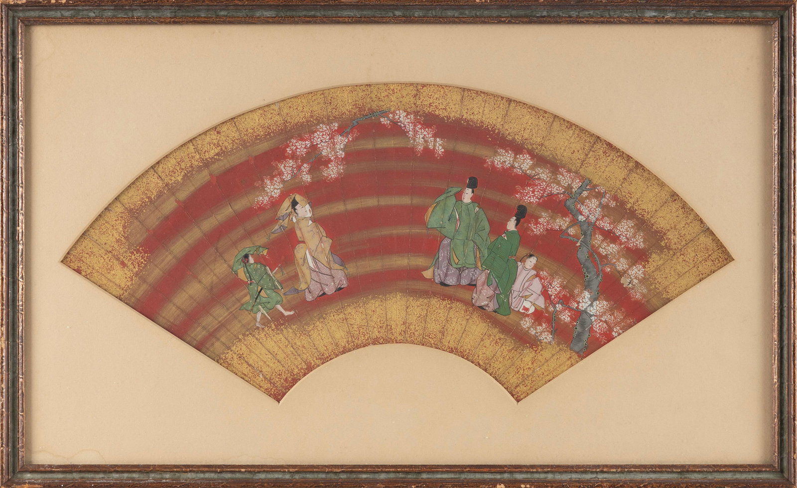 JAPANESE FAN PAINTING Fan length 19". Framed 14" x 23".: JAPANESE FAN PAINTING A court noble and attendants under a cherry tree. Labeled for Kennedy Rare Prints, New York. Fan length 19". Framed 14" x 23".