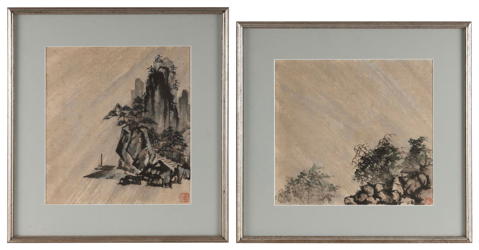 PAIR OF JAPANESE SUMI-E LANDSCAPE WATERCOLORS Meiji Period On paper, 12" x 11" sight. Framed 18" x (1 of 2)