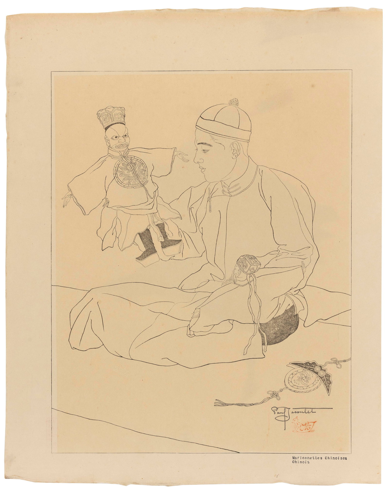PAUL JACOULET (France/Japan, 1902-1960), Keyblock for Marionnettes Chinoises. Chinois (#19).,: PAUL JACOULET France/Japan, 1902-1960 Keyblock for Marionnettes Chinoises. Chinois (#19). Signed in pencil lower right above Mandarin Duck seal. Woodblock print, 19" x 15". Unframed.