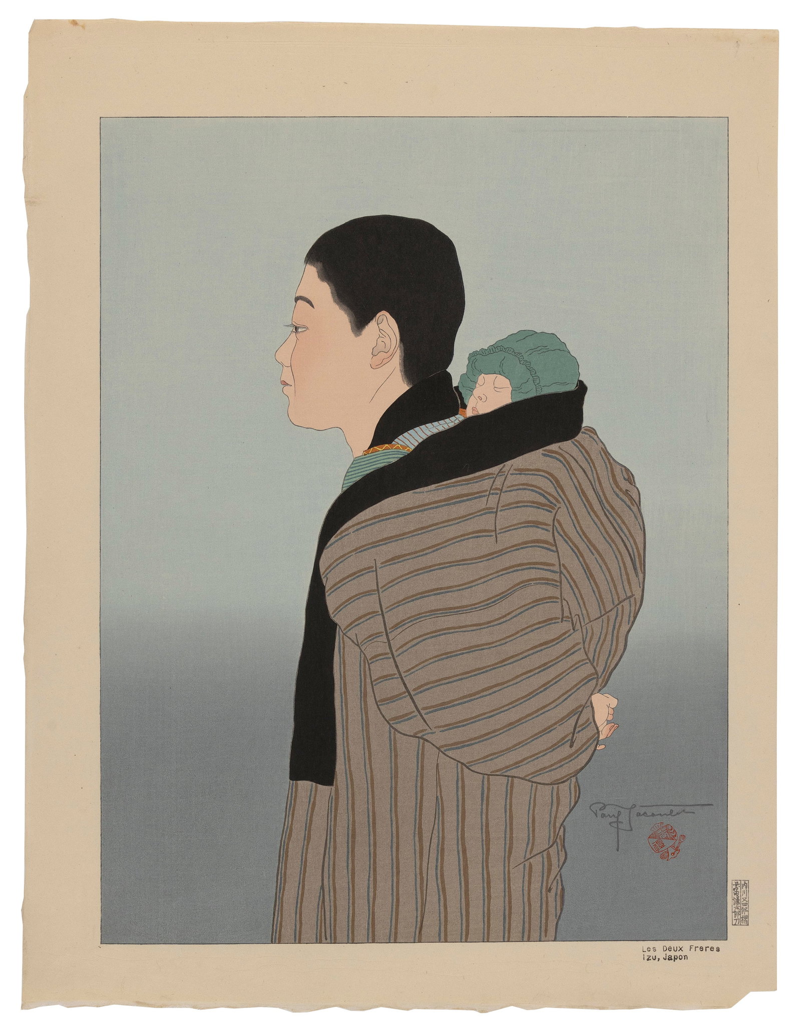 PAUL JACOULET (France/Japan, 1902-1960), Les Deux Freres. Izu, Japon (#34)., Woodblock print, 18.75": PAUL JACOULET France/Japan, 1902-1960 Les Deux Freres. Izu, Japon (#34). Published: 2 July 1936. Signed in pencil lower right above Good Luck Hammer seal. Seals of the carver, Kentaro Maeda, and print