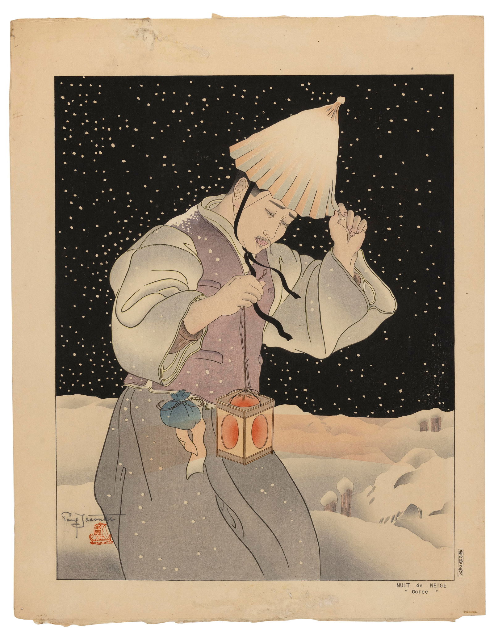PAUL JACOULET (France/Japan, 1902-1960), Nuit de Neige. Coree (#52)., Woodblock print, 18.5" x (1 of 2)