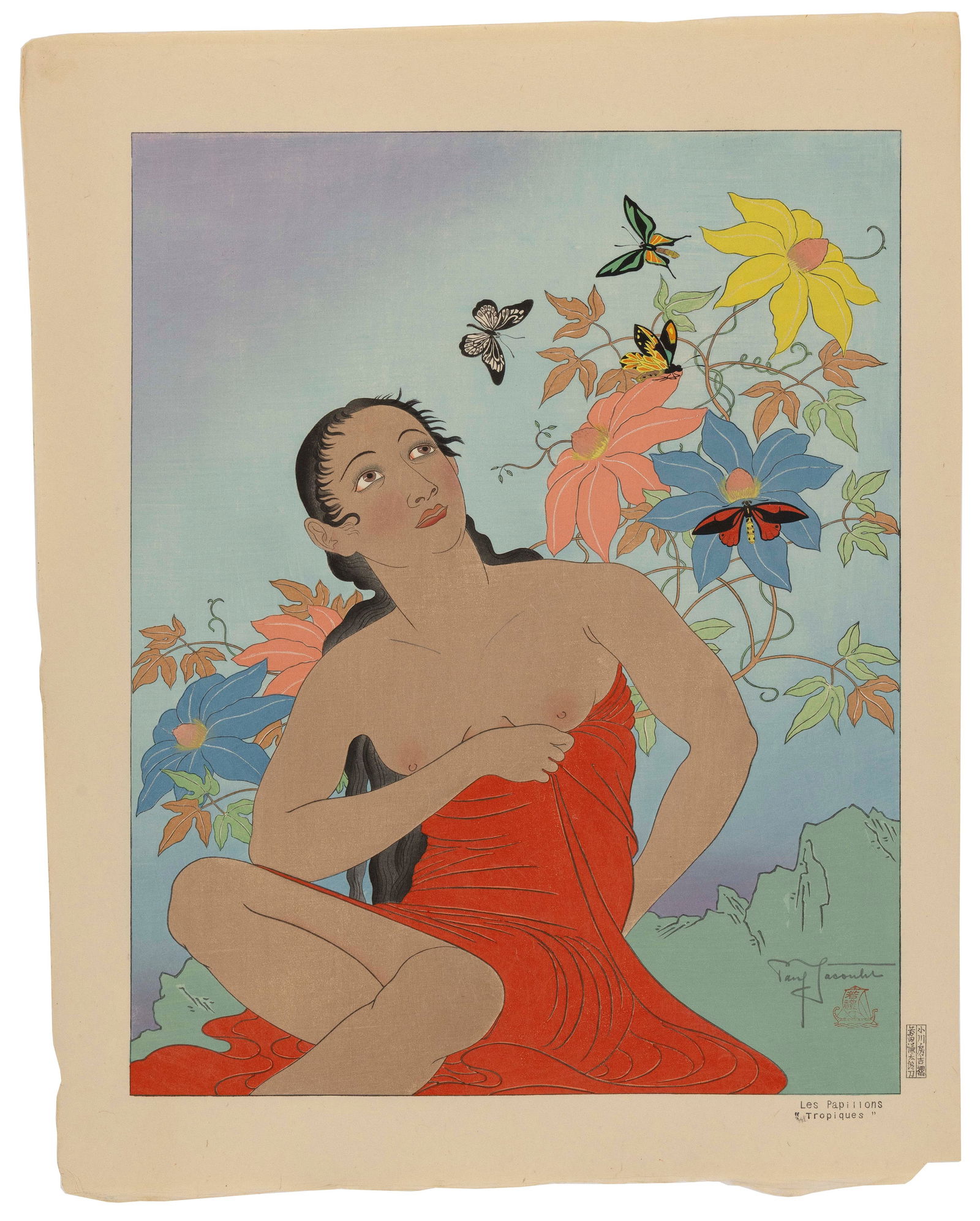 PAUL JACOULET (France/Japan, 1902-1960), Les Papillions. Tropiques (#56)., Woodblock print, 19" x (1 of 2)
