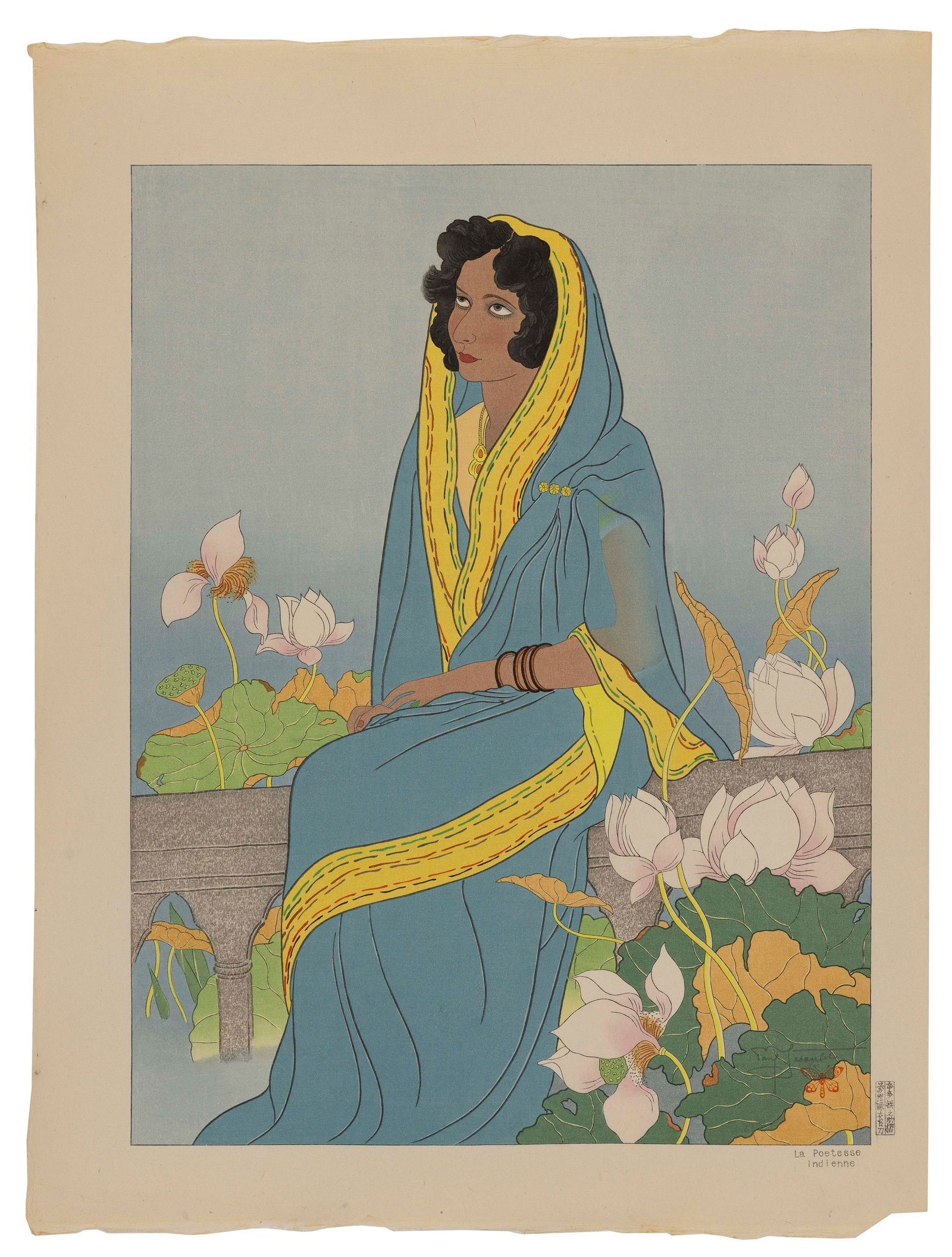 PAUL JACOULET (France/Japan, 1902-1960), La Poetesse. Indienne (#68)., Woodblock print, 19" x 14". (1 of 2)