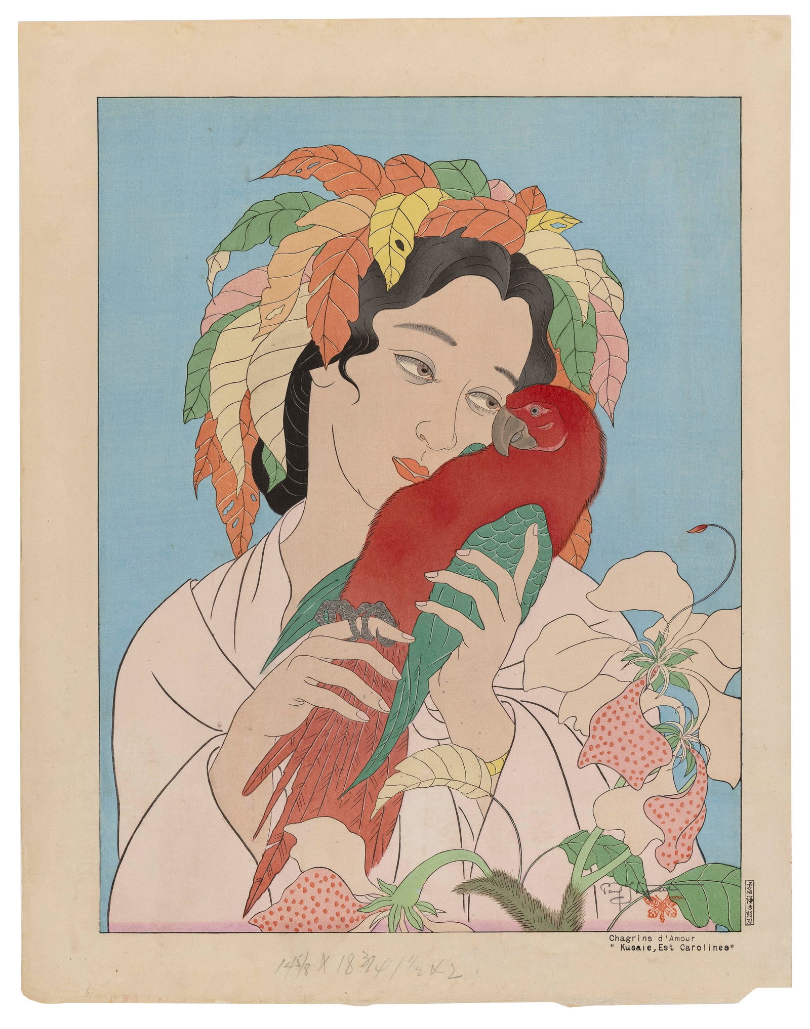 PAUL JACOULET (France/Japan, 1902-1960), Chagrins d'Amour. Kusale, Est. Carolines (#70)., Woodblock: PAUL JACOULET France/Japan, 1902-1960 Chagrins d'Amour. Kusale, Est. Carolines (#70). Signed in pencil lower right above Butterfly seal. Seal of the carver, Maeda, and stamped "168/350" verso. Numbere