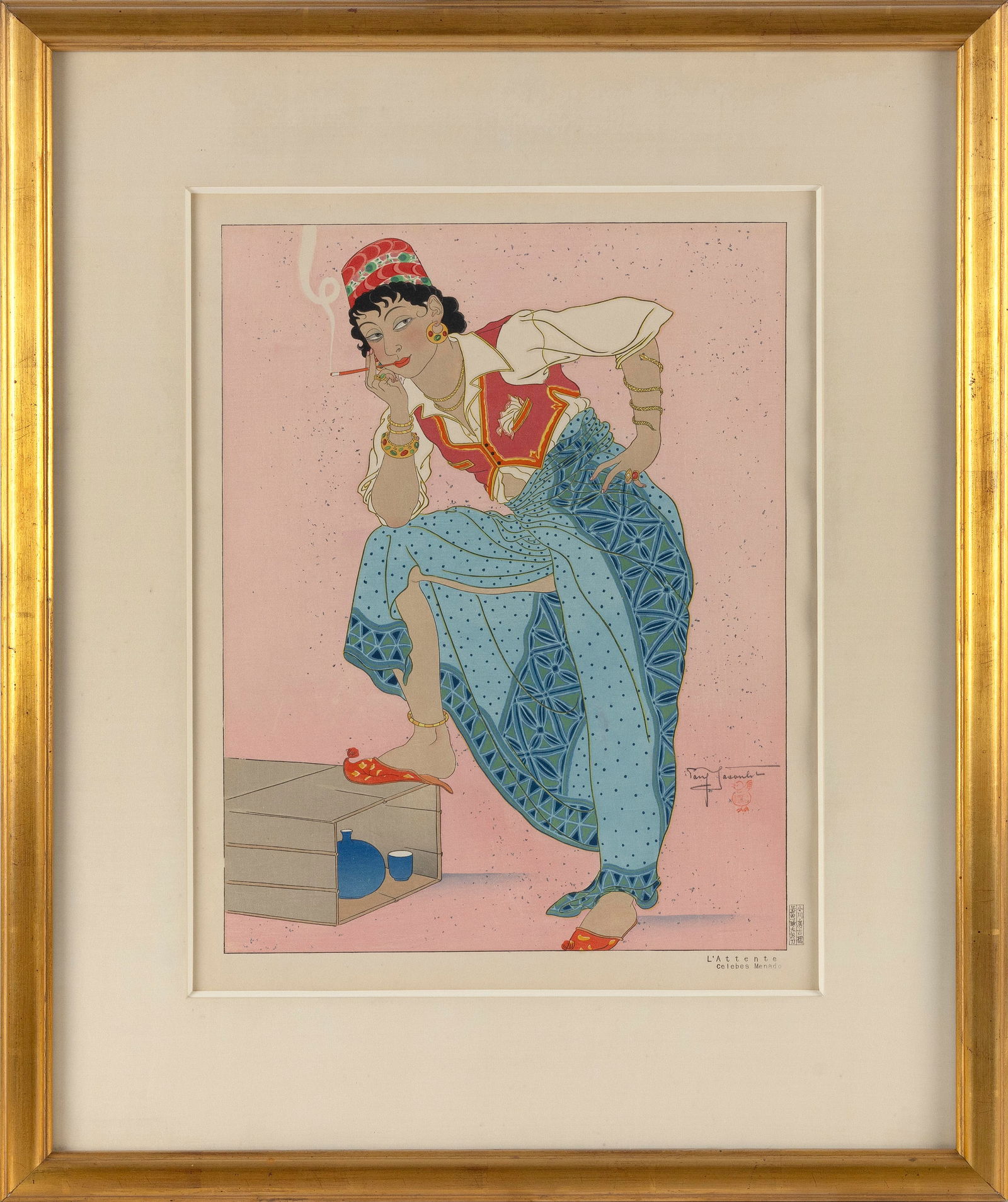 PAUL JACOULET (France/Japan, 1902-1960), L'Attente. Celebes Menado (#77)., Woodblock print, 17" x (1 of 2)