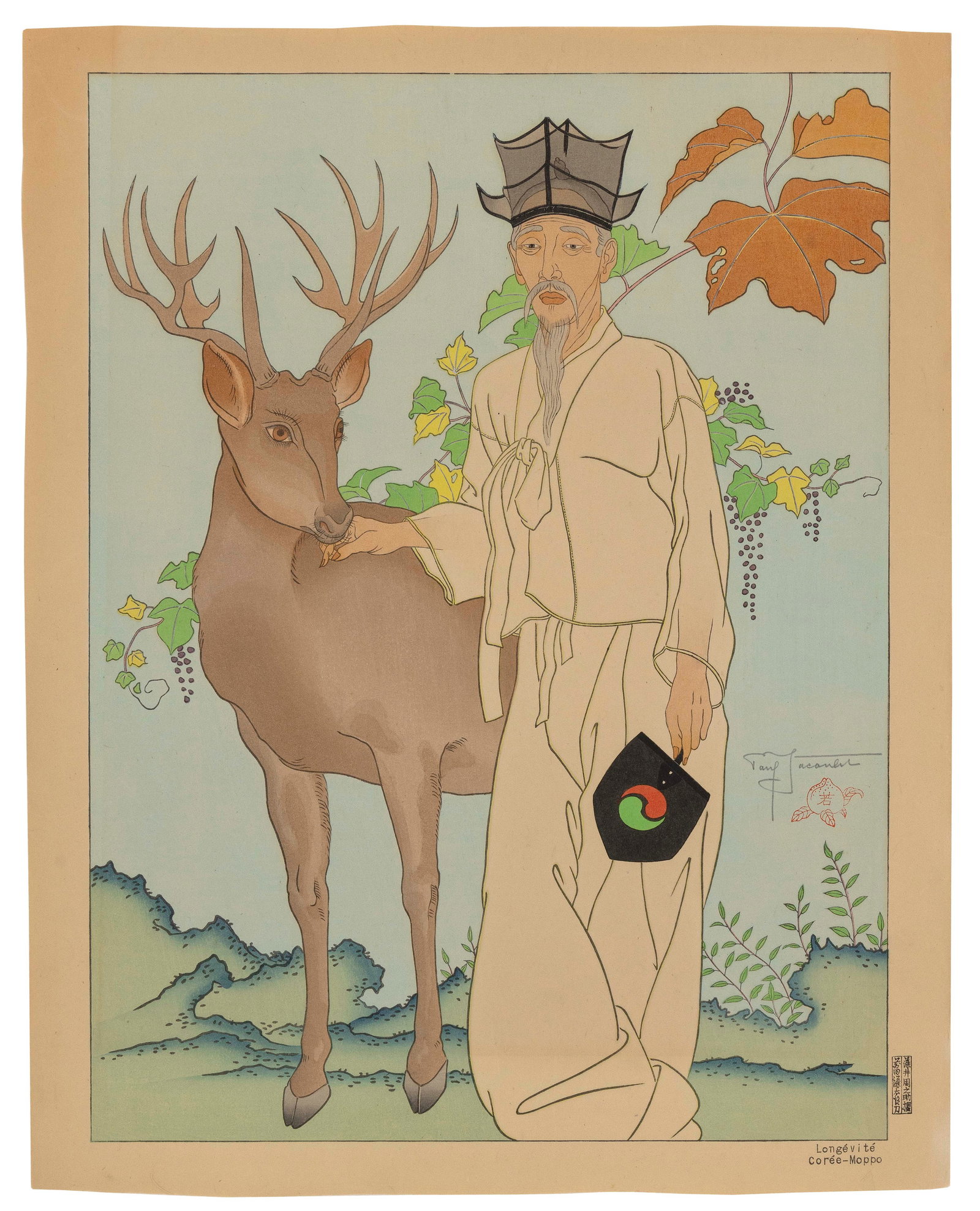 PAUL JACOULET (France/Japan, 1902-1960), Longevite. Coree-Moppo (#98)., Woodblock print, 16.75" x: PAUL JACOULET France/Japan, 1902-1960 Longevite. Coree-Moppo (#98). Published: 28 November 1948. Signed in pencil mid-lower right above Peach seal. Seals of the carver, Kentaro Maeda, and printer, Yos