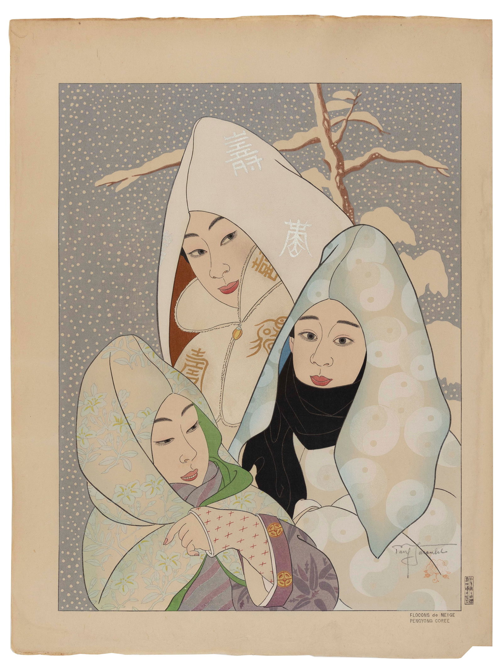 PAUL JACOULET (France/Japan, 1902-1960), Flocons du Neige. Pengyon Coree (#134)., Woodblock print, (1 of 2)