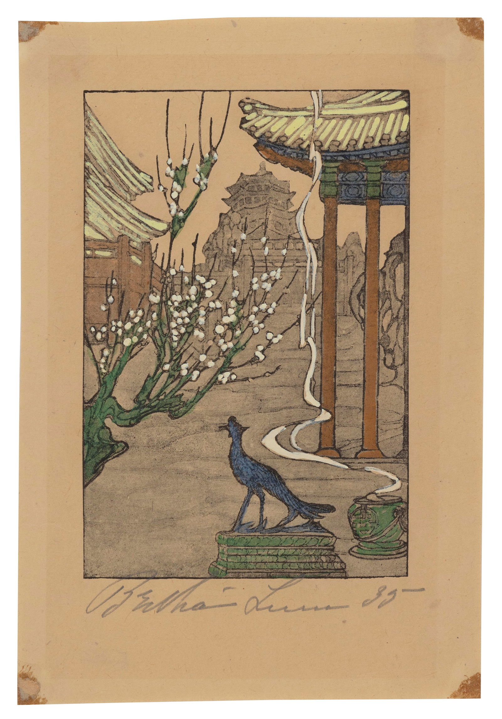 BERTHA BOYNTON BULL LUM (California/Iowa/Italy, 1869-1954), Peacock and Shrine., Photolithograph, (1 of 1)
