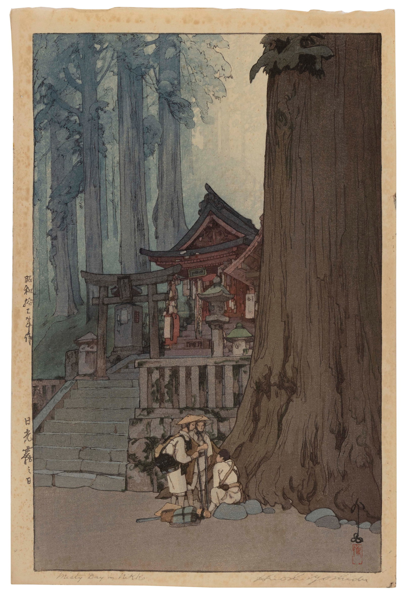 HIROSHI YOSHIDA (Massachusetts/Japan, 1876-1950), Misty Day in Nikko., Woodblock print, 16" x 10.5".: HIROSHI YOSHIDA Massachusetts/Japan, 1876-1950 Misty Day in Nikko. Printed signature lower right. Titled lower left. Woodblock print, 16" x 10.5". Unframed.