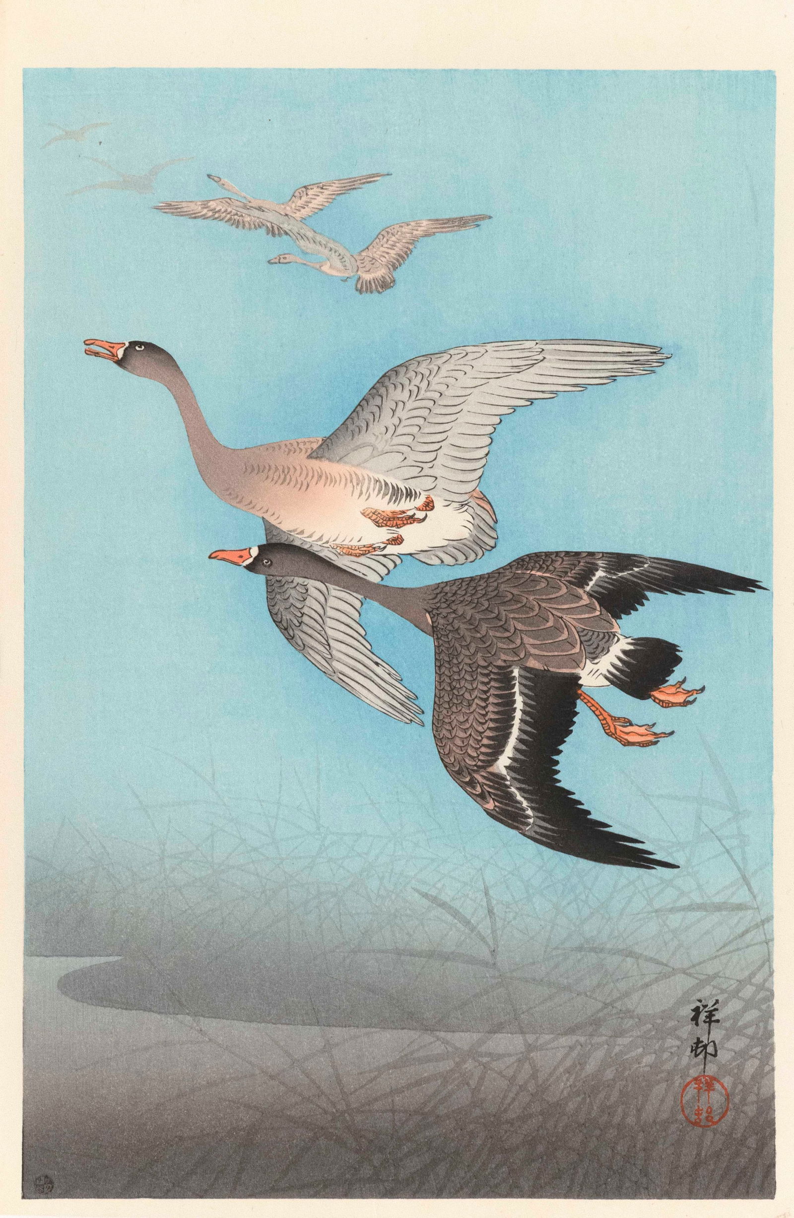 OHARA SHOSON (Japan, 1877-1945), Geese in Flight over Marsh Grass., Woodblock print, oban tate-e, (1 of 5)