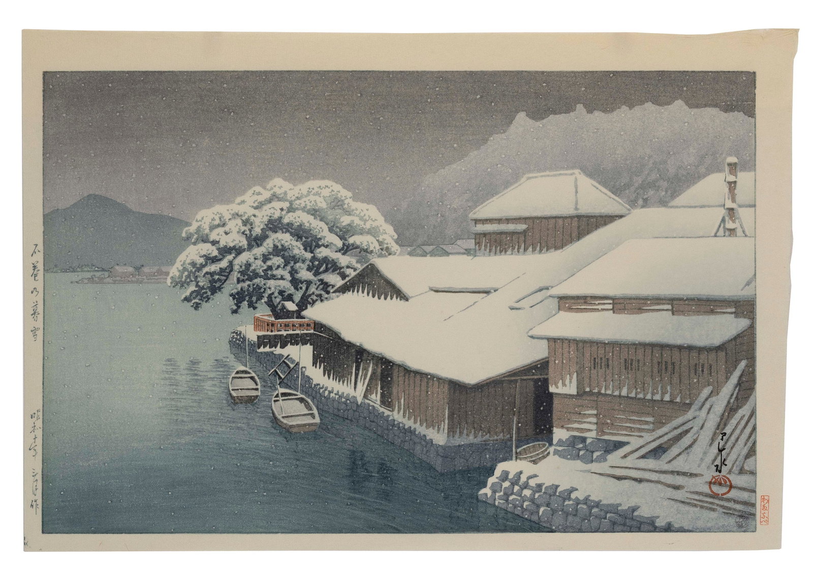 KAWASE HASUI (Japan, 1883-1957), Evening Snow at Ishinomaki., Woodblock print, oban yoko-e, 11" x: KAWASE HASUI Japan, 1883-1957 Evening Snow at Ishinomaki. Watanabe seal lower right. Woodblock print, oban yoko-e, 11" x 15.25". Matted 14.5" x 19".