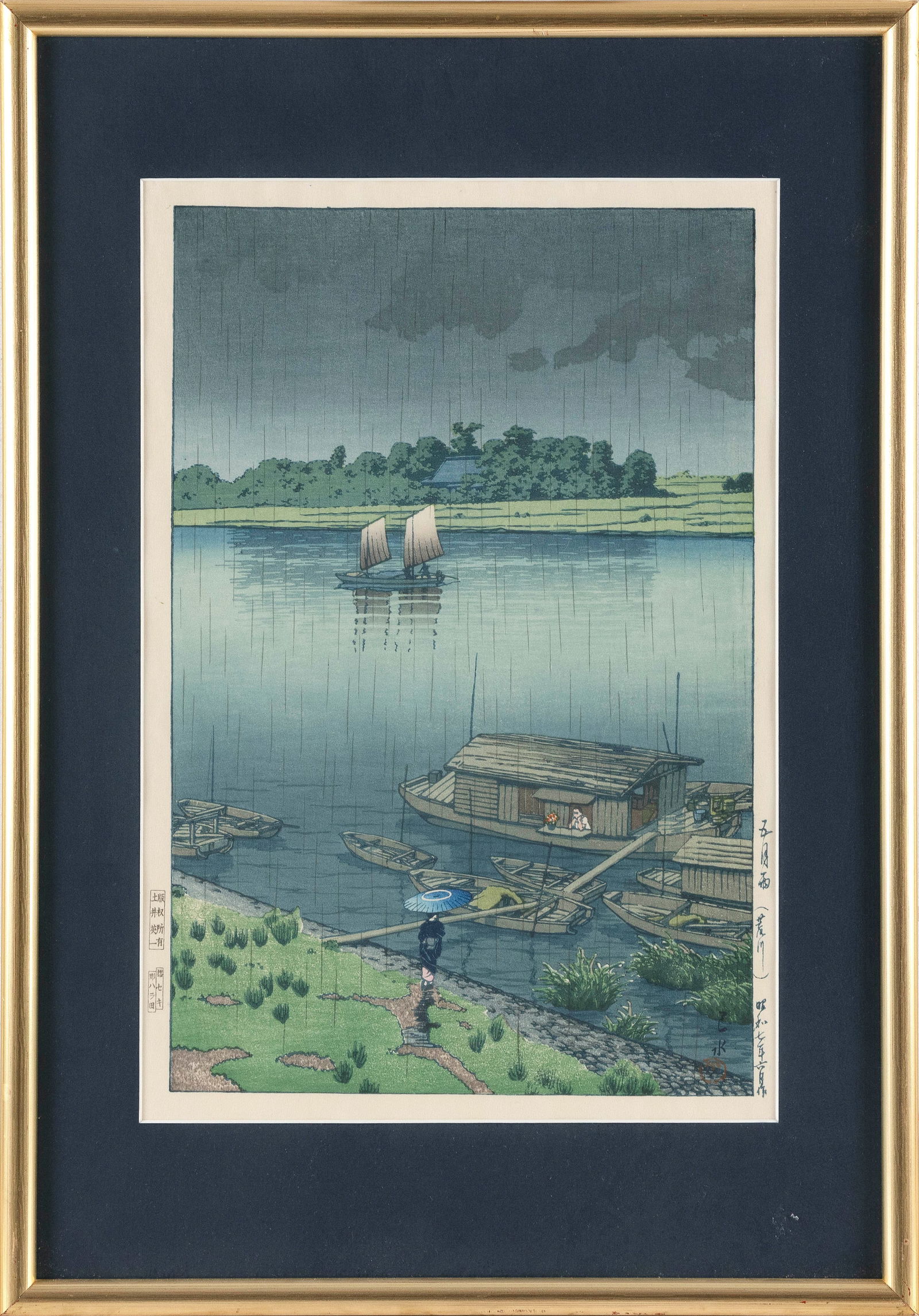 KAWASE HASUI (Japan, 1883-1957), Arakwawa River, Raining in Spring., Woodblock print, oban tate-e, (1 of 3)