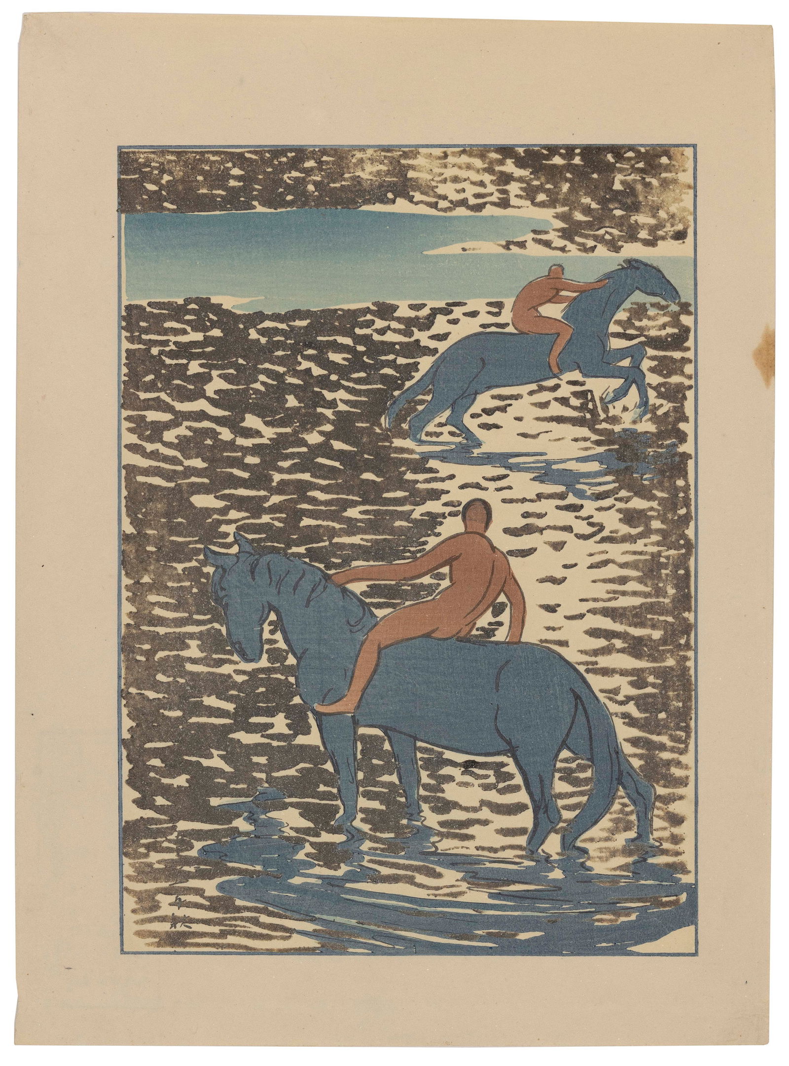 TSURUTA GORO (Japan, 1890-1969), Watering the Horses, 1916., Woodblock print, oban tate-e, 13.5" x (1 of 2)