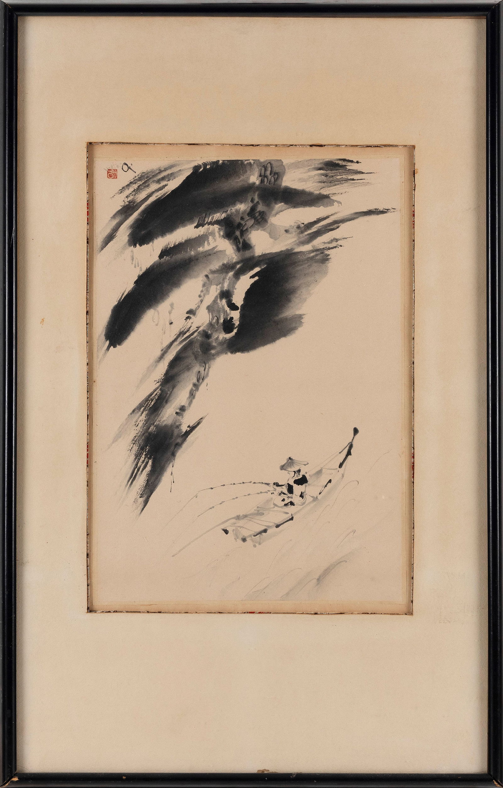 MOTOI OI (Japan, 1910-2004), Boatman Fishing on a River., Print on paper, 17" x 12". Framed 31" x (1 of 3)