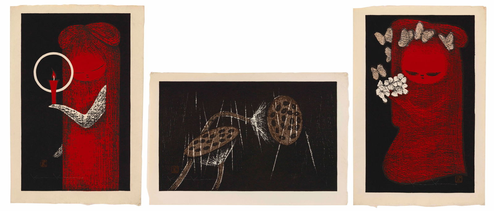 KAORU KAWANO (Japan, 1926-1989), Three first edition  woodblock prints, approx. 17" x (1 of 11)