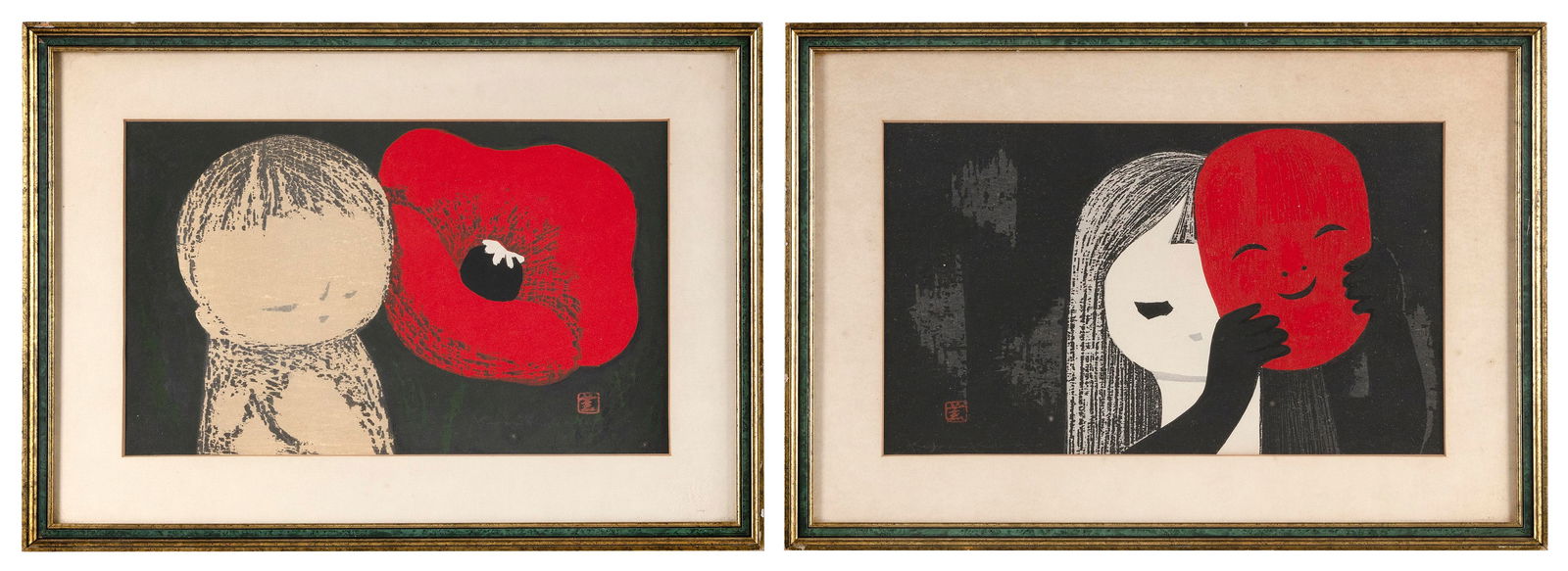 KAORU KAWANO (Japan, 1926-1989), Two portraits:, Woodblock prints, oban yoko-e, 9" x 14.5". Framed (1 of 2)