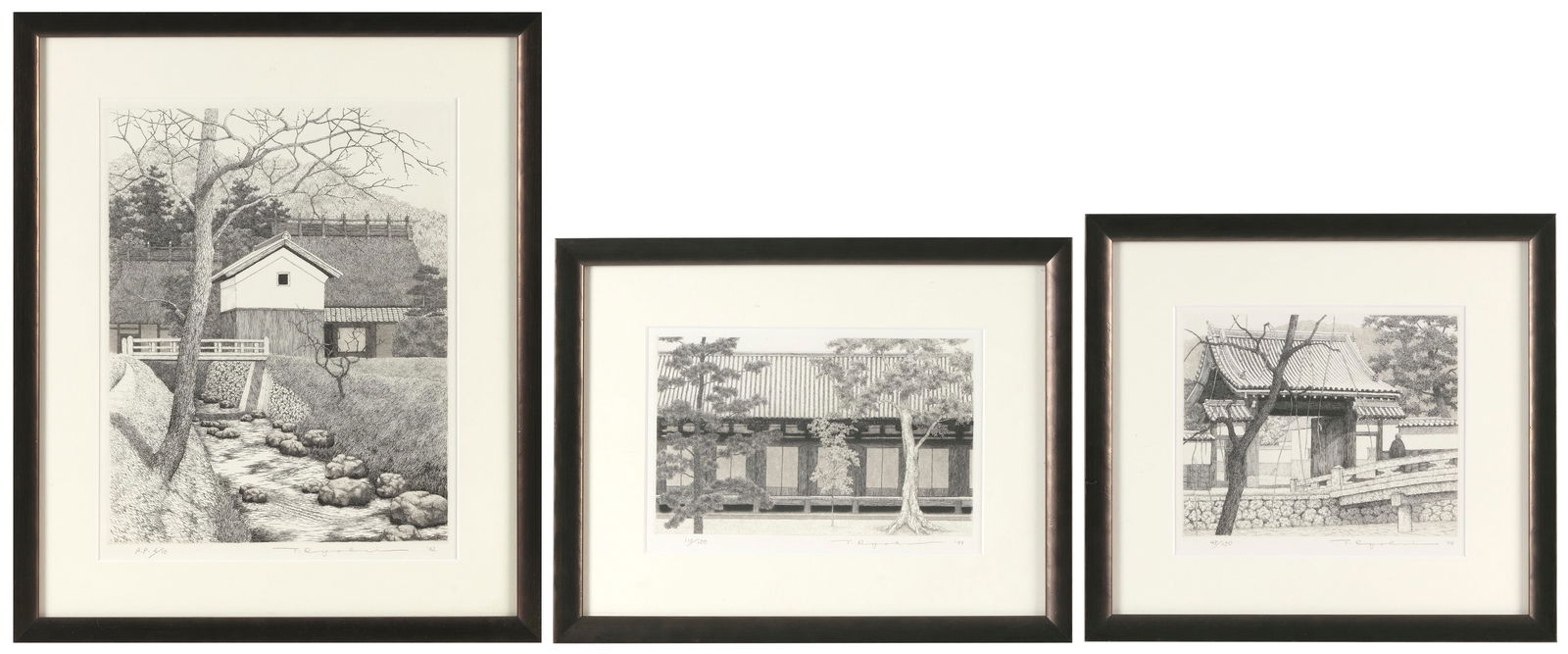 RYOHEI TANAKA (Japan, 1933-2019), Three copperplate etching and aquatints:, Framed to 20" x 16.6". (1 of 5)