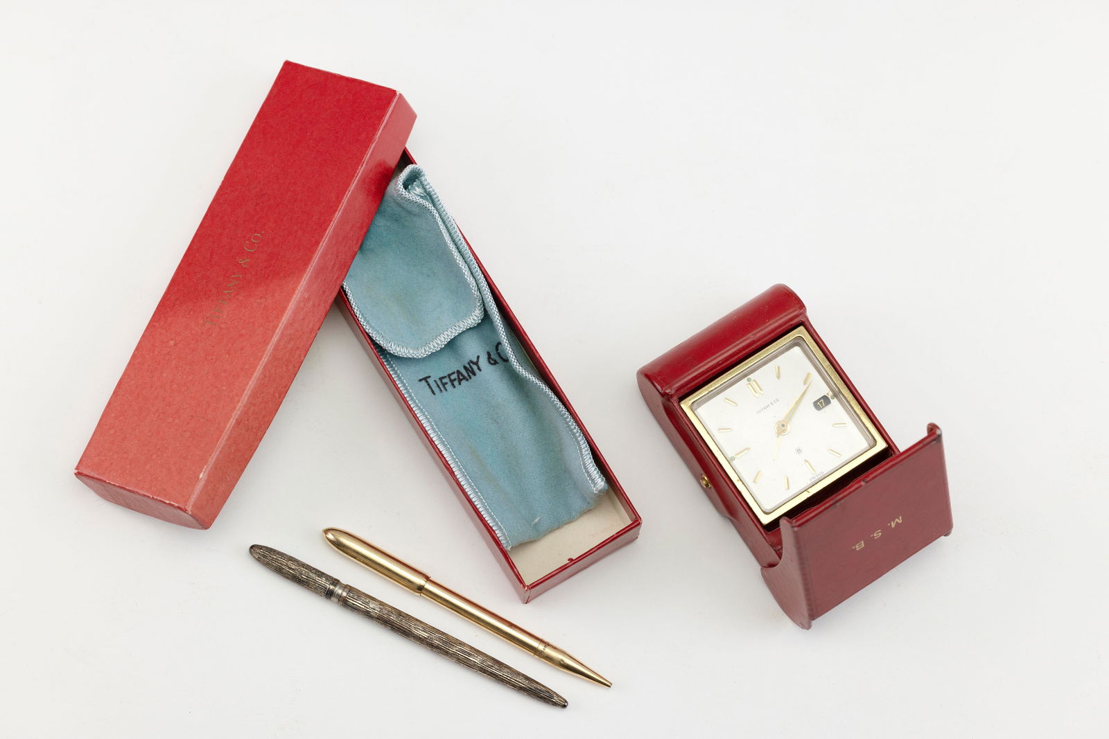 TIFFANY & CO. TRAVEL CLOCK AND TWO SMALL PENS 20th Century Clock case height 3". Clock 1.25" x (1 of 3)