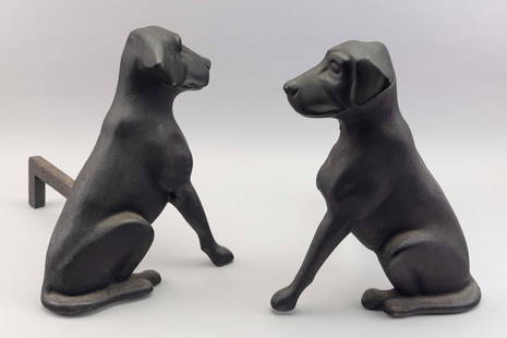 PAIR OF LIBERTY FOUNDRY CAST IRON BLACK LABRADOR RETRIEVER ANDIRONS St. Louis, 20th Century Heights: PAIR OF LIBERTY FOUNDRY CAST IRON BLACK LABRADOR RETRIEVER ANDIRONSSt. Louis, 20th CenturyStamped verso "Liberty Foy St. Louis Mo".Heights 15.5". Depths 13".