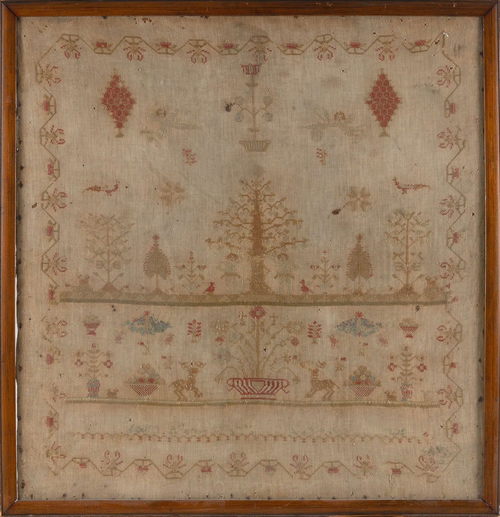 ENGLISH NEEDLEWORK SAMPLER Early 19th Century 25" x 24" sight. Framed 27" x 26". (1 of 2)