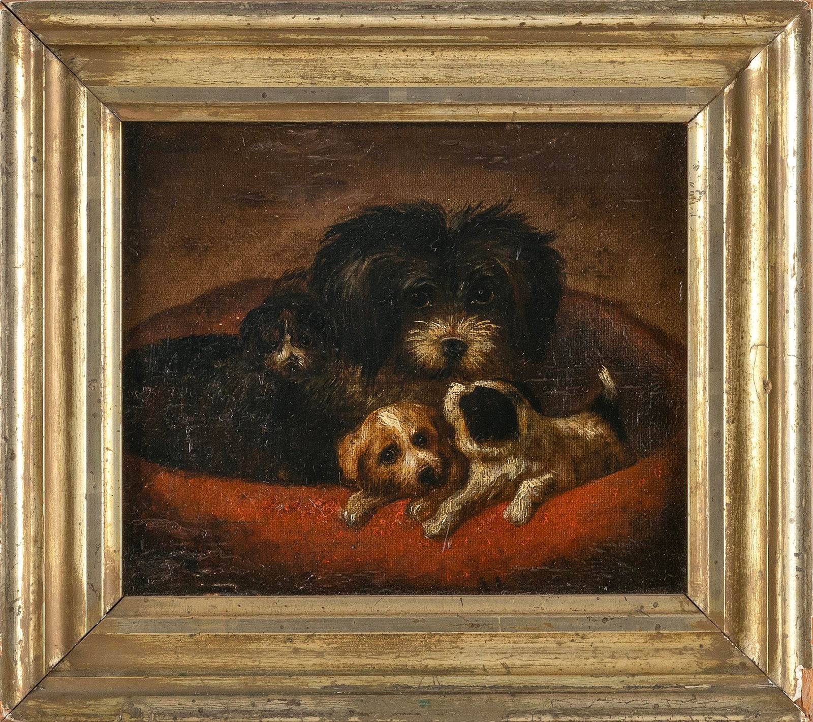 ENGLISH SCHOOL (Second Half of the 19th Century,), Four dogs in a bed., Oil on canvas, 6" x 7.25". (1 of 2)