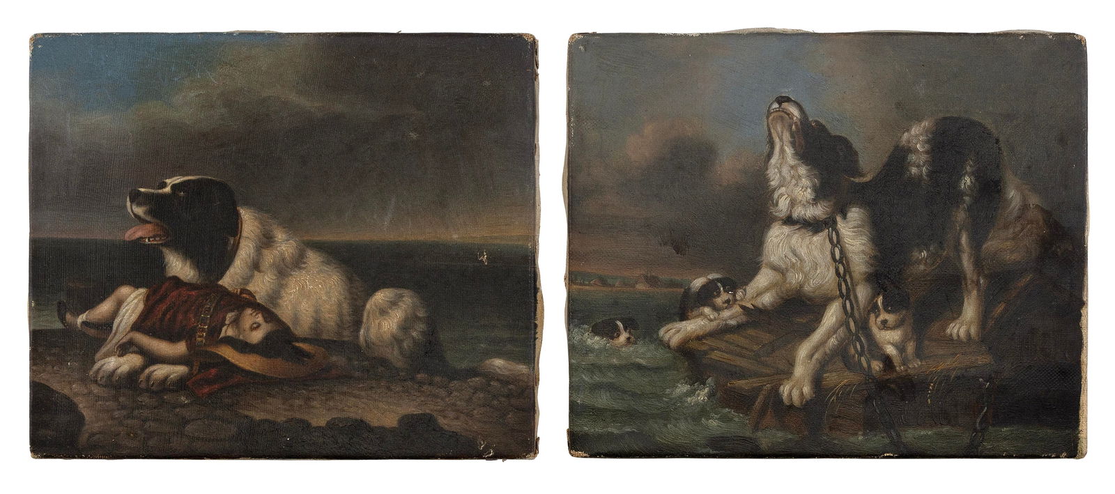 CONTINENTAL SCHOOL (19th Century,), Pair of scenes depicting dogs after a shipwreck., Oils on (1 of 2)