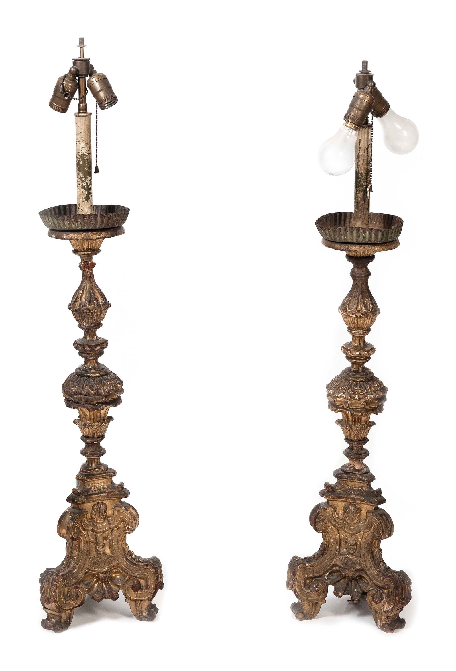 PAIR OF CONTINENTAL GILTWOOD TABLE LAMPS 19th/20th Century Heights 35". (1 of 2)