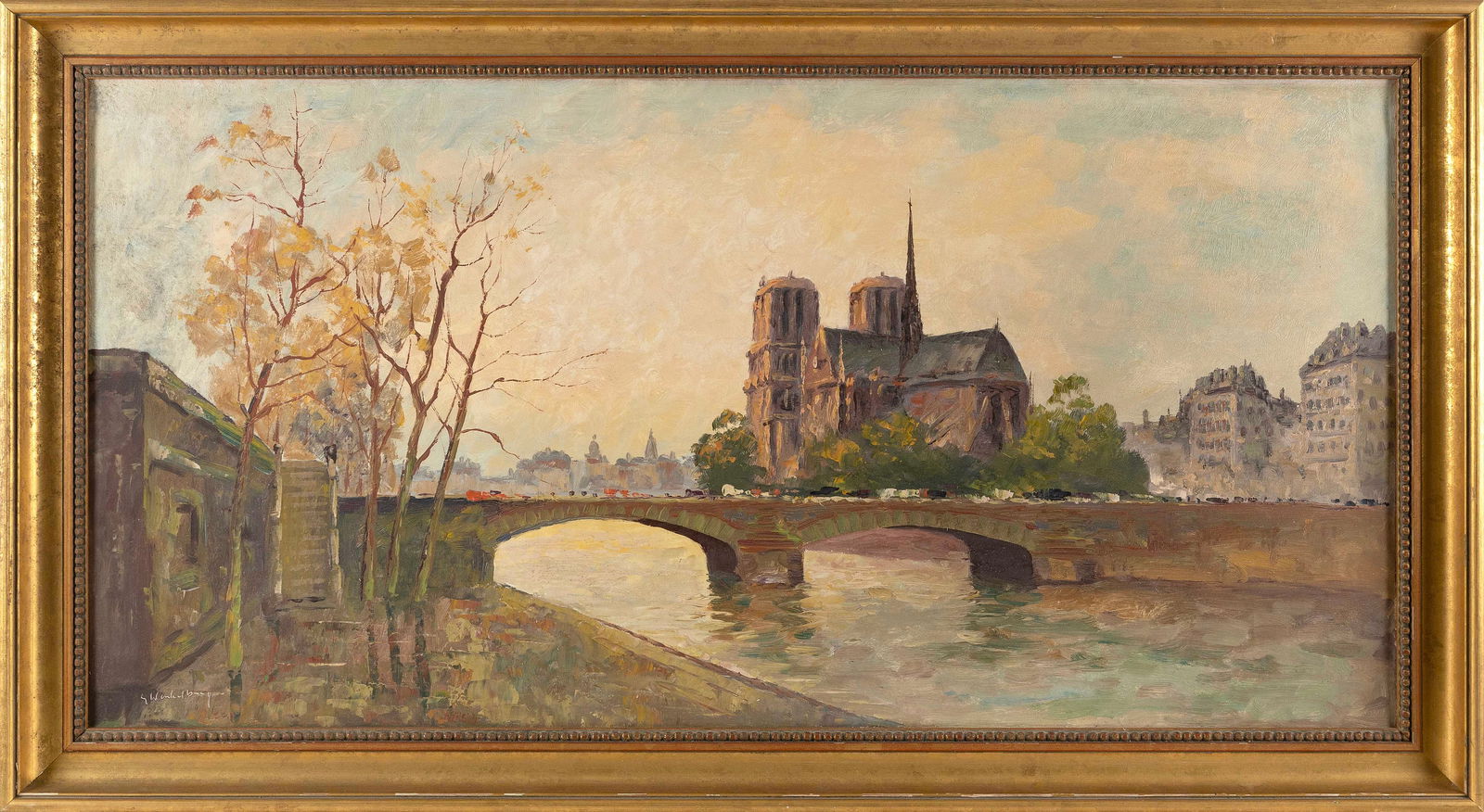 FRENCH SCHOOL (Mid-20th Century,), Scene of Notre Dame, Paris., Oil on canvas, 24" x 48". Framed (1 of 2)